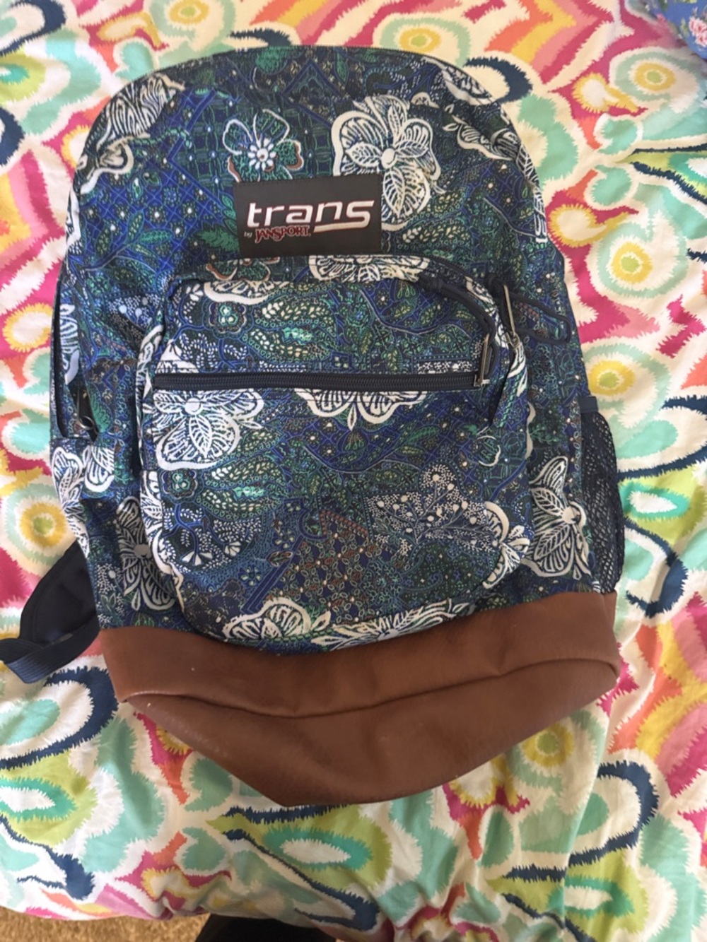 Jansport Trans Floral Paisley Blue Green Backpack with Brown Suede Base